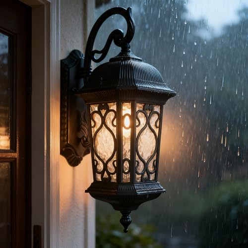 Image of Waterproof Outdoor Wall Light Fixture Black 21 inch H Water Glass Shade | Exterior Wall Lantern Die-Cast Aluminum, Sconce Light Dimmable, Quick Installation for Porch Garage
