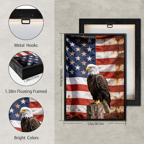 Image of American Flag Framed Canvas Wall Art, 4th of July Red White Blue Canvas Prints, USA Flag with Bald Eagle Patriotic Decorations, Vintage Independence Day Wall Decor for Bedroom Living Room 12x16