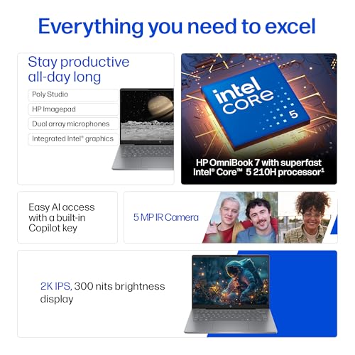 Image of HP OmniBook 7, Intel Core 5 210H Laptop, (16GB LPDDR5,512GB SSD), 2K,IPS, Anti-Glare, 14'' /35.6cm, Win 11, M365, Office 24, Meteor Silver,1.5kg, 5MP Camera w /Privacy Shutter, Backlit, fs0789TU
