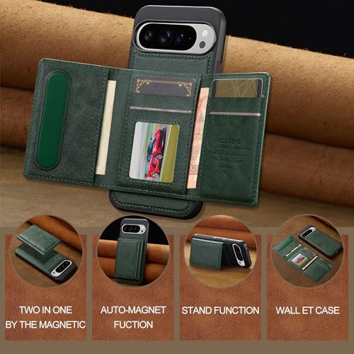 Housse Google Pixel 8 Pro étui portefeuille zippé en cuir vert antichoc multifonction - 7