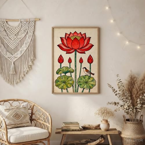 Image of Livin'luxe Traditional Lotus Flower Wall Painting with Wooden Frame | Botanical Lotus Artwork HD UV Laminated MDF Wall Decor | Indian Lotus Art Wall Decor for Living Room Bedroom Home