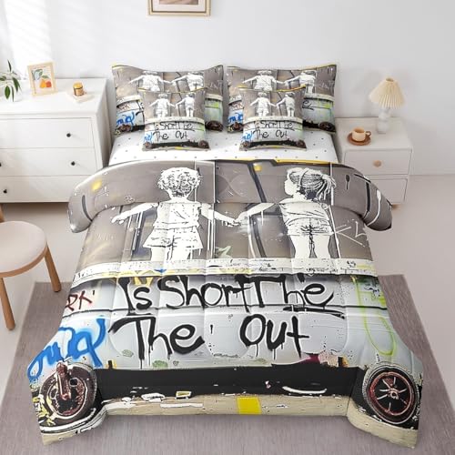 7Pcs Street Culture Comforter Set King Size, Cartoon Graffiti Kids Bed in a Bag with Flat Sheet and Fitted Sheet, Retro Vintage Hip Hop Art Bedding Set with Pillowcases & Throw Pillow Covers