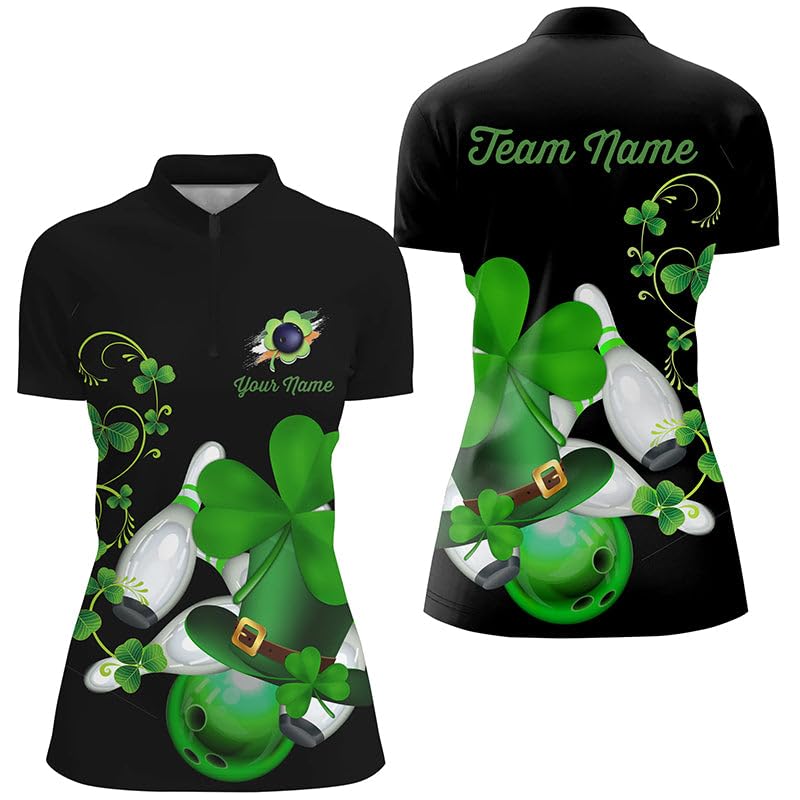 Herren & Damen Bowling Shirt mit Viertelreißverschluss, Grünes Kleeblatt Design, Individuell Gestaltetes Schwarzes Team Jersey für St. Patrick's Day N7195