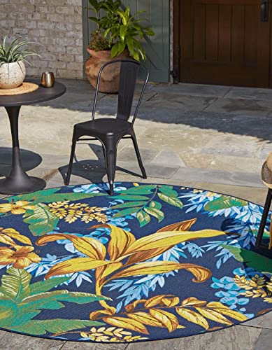 Unique Loom Outdoor Botanical Collection Area Rug - Calypso (10' Round, Multi/ Light Blue)