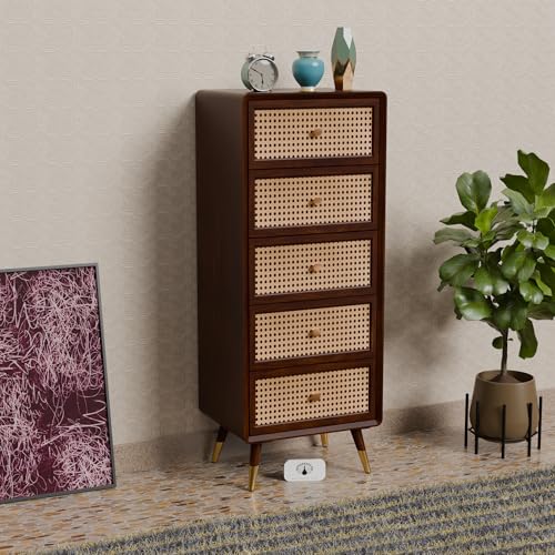 Image of Solid Sheesham Wood Chest of 5 Drawers | Multipurpose Console Dresser with 5-Compartment Storage Cabinet with Rattan Cane Design for Bedroom, Living Room & Office | Walnut Finish