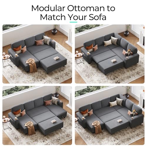 Image of LINSY HOME Sectional Sleeper Sofa Storage Ottoman Bench, Convertible Coffee Table Plush Corduroy Couch Ottoman Footstool for Living Room, Bedroom Entryway and Family Room, Grey