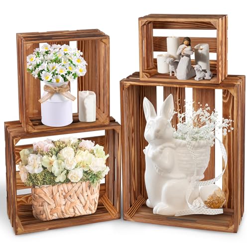 4 Pieces Decorative Wood Crates for Party Display, Large Rustic Farmhouse Wooden Nesting Storage Crates with Handles for Wedding Birthday Home Party Decoration