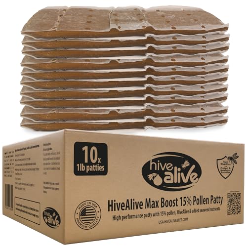 HIVE ALIVE Pollen Patty for Honey Bees 10lb (10x1lb) Pollen Patties and Bee Food for Spring with 15% Real USA Pollen Seaweed and Amino Acids to Support Brood and Colony Health