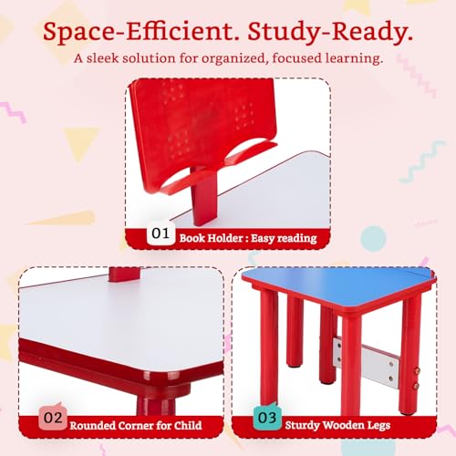 Image of Amazon Brand - Solimo Kids Study Table and Chair Set with Built-in Reading Stand & Cup Holder | Wooden Legs | Red