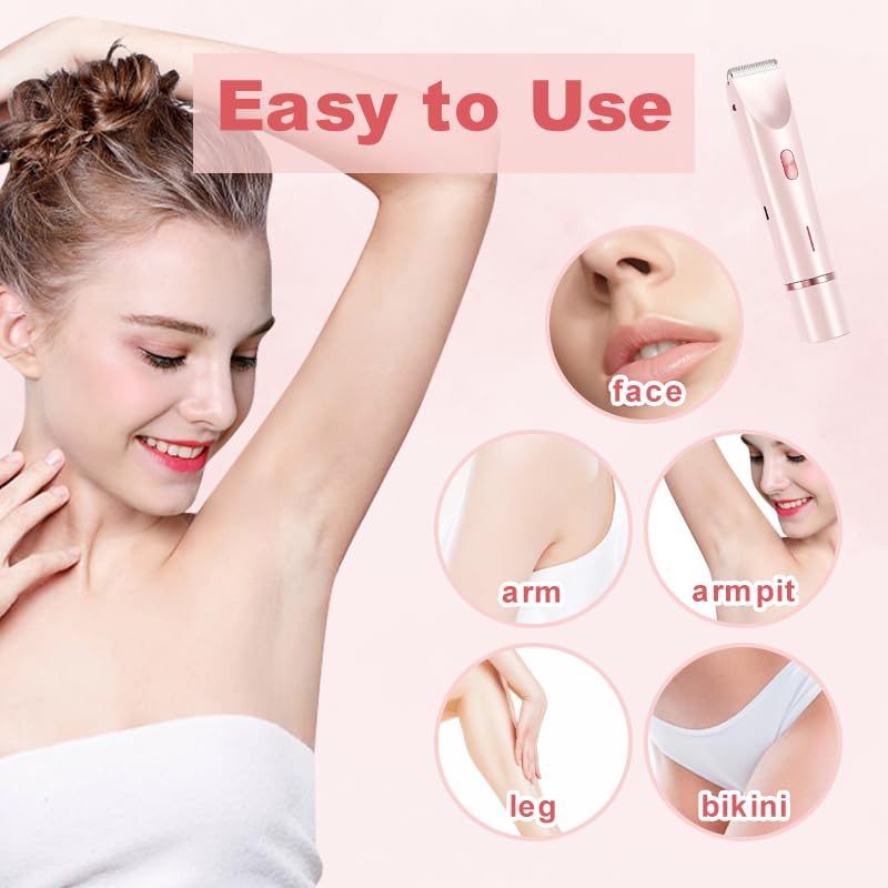 2-in-1 Women's Electric Shaver, Rechargeable Dual Head Bikini Trimmer, IPX7 Waterproof Wet & Dry Hair Remover for Face, Underarm, Legs & Bikini Line
