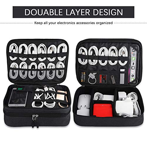 Electronics Organizer, Jelly Comb Electronic Accessories Cable Organizer Bag Double Layer Travel Cable Storage Bag for Cables, Laptop Charger, Tablet (Up to 11'') and More-Thick Large(All Black)
