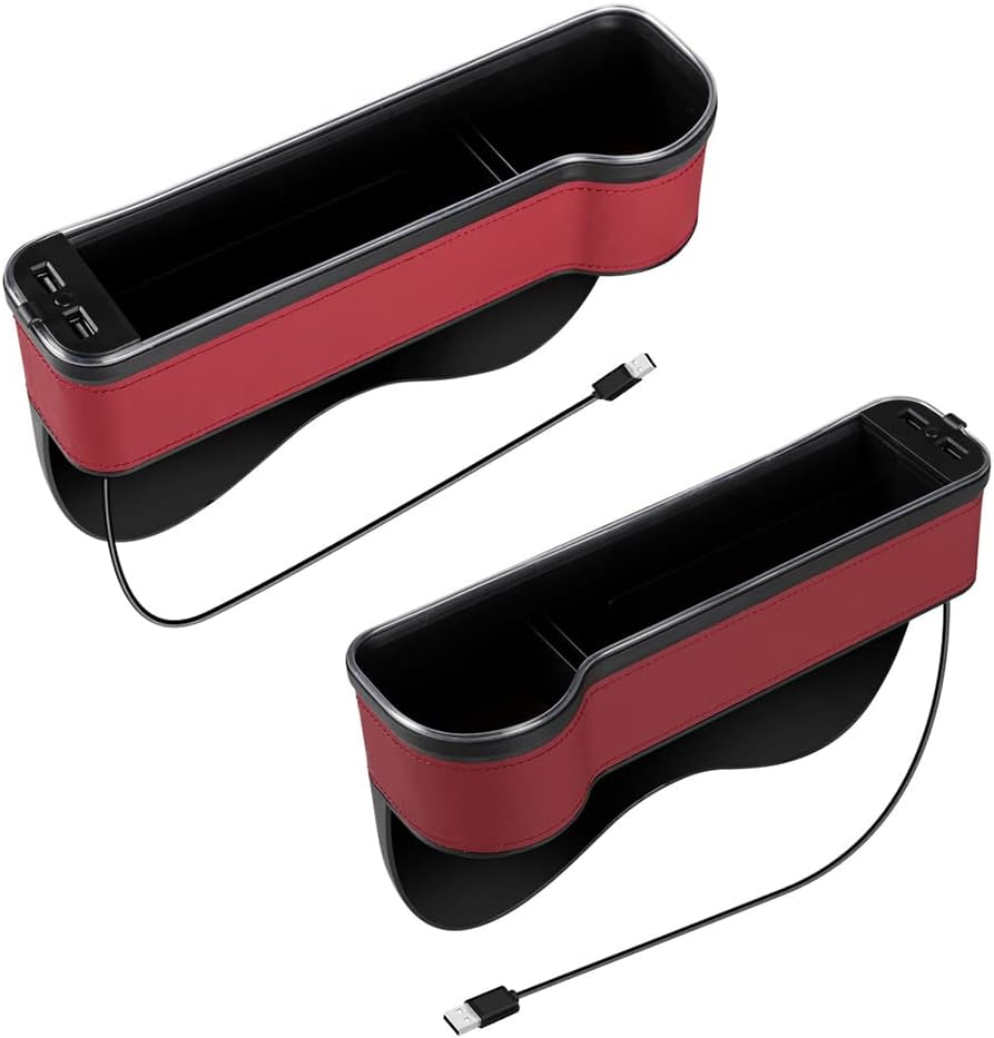 Car Seat Organizer Between Seats Cup Holder with LED Lights, Car Seat Gap Filler Organizer, Multifunctional Seat Gap Organizer Storage Box with USB Charge Port - Red (Blue Light)