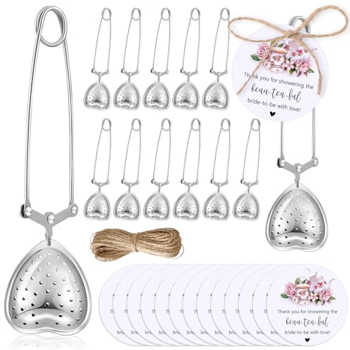 Gisafai 24 Sets Bridal Shower Tea Party Favors for Guests Include Heart Tea Infuser Long Handled Tea Ball Tea Steeper for Loose Tea with Thank You Cards Twine Wedding Bridal Shower Souvenir (No Tea)
