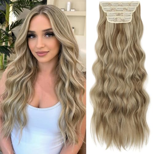 Image of KooKaStyle Wavy Thick Clip in Hair Extensions 24 inch Ash Blonde Balayage