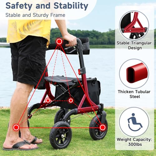 Image of MAXWALK Foldable Rollator Walker for Seniors with Seat, 10 inch All Terrain