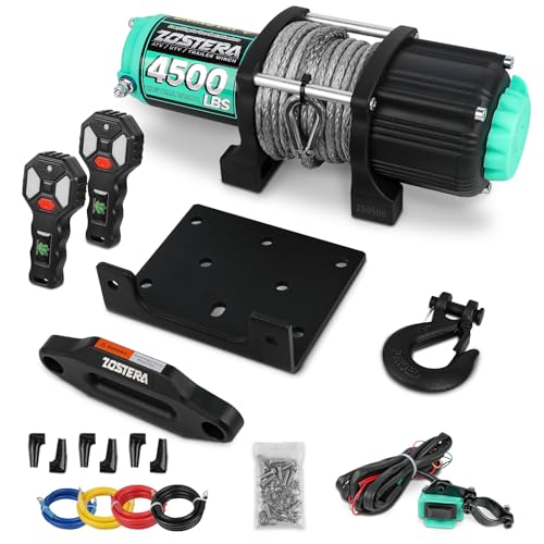 Image of 4500lbs ATV /UTV Winch with Synthetic Rope, Electric Boat Trailer Winch 12V, Waterproof Winch with 2 Wireless Remotes &Wired Switch,with Mounting Plate,Aluminium Fairlead