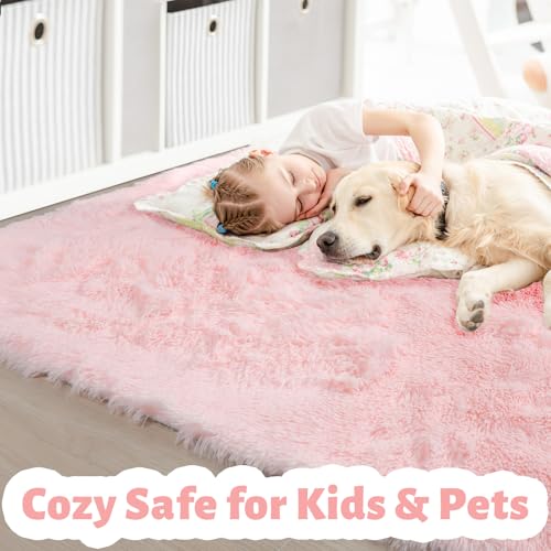 Amdrebio Pink 2x3 Small Area Rugs for Girls Bedroom, Mini Fluffy Shaggy Throw Rug for Kids Room Decor, Cute Shag Fuzzy Carpet for Living Room Door Entryway Baby Nursery Preppy Dorm Playroom, Washable