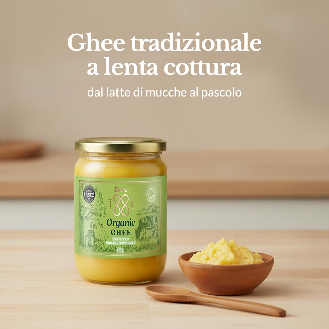 Dabur 1884 Organic Cow Ghee | Grass-Fed Cow | Ghee – Burro Chiarificato per Cucina e Ayurveda | 230 g / 470 g / 850 g