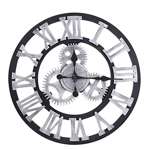 壁掛け時計、リビングルームの装飾用3D壁掛け時計、インダストリアルギア、レトロ、ローマ数字、素朴なハンドメイド、大型ギア、木製、ヴィンテージ、オフィス、バー-Silver-31.5in