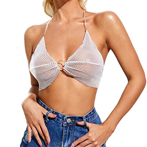 Women Shiny Rhinestones Backless Crop Tops Tank Top Sexy Halter See Through Camisole For Night Out Party Clubwear Pure White #TOP3