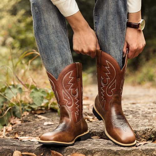 Men's Cowboy Boots,Men's Fashion High Tube Embroidery Retro Leather Boots Wide-head Western Cowboy Boots Middle Tube Thick Boots2