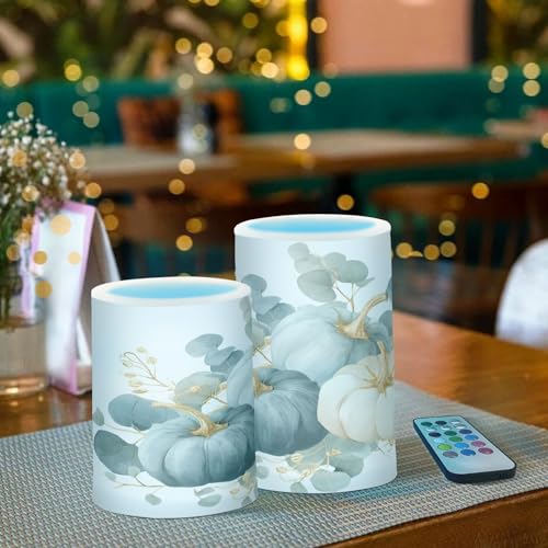 Image of ALAZA Fall Blue Pumpkin Thanksgiving Flickering Flameless Candles Battery Operated with Remote Timer,Tea Light Candles LED Pillar Votive Candles Set of 2 for Outdoor Indoor Decorations