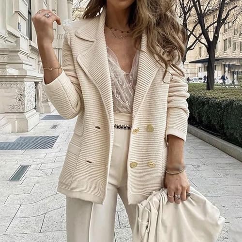 Womens Tweed Suit Jacket Textured Double Breasted Casual Blazer Elegant Solid Color Lapel Long Sleeve Office Blazers2
