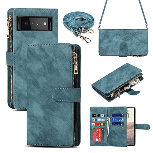 iCoverCase for Google Pixel 6 Wallet Case with Card Holder Kickstand Feature PU Leather Case with Adjustable Crossbody Lanyard Magnetic Clasp Zipper Pocket Flip Cover (Blue)