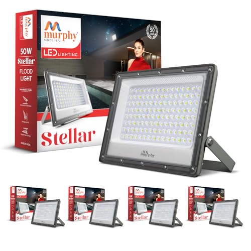 Image of Murphy Stellar 50W LED Flood Light with 2-Year Warranty | Cool White | High Brightness Outdoor LED for Security, Landscape, Warehouse, Backyard | IP66 Waterproof | BIS Approved - Pack of 5