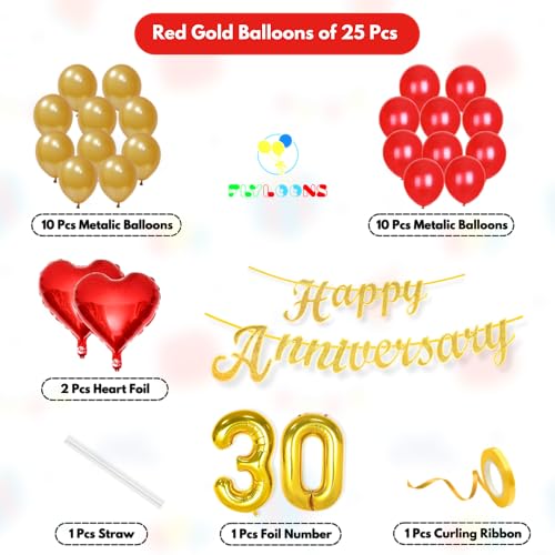 Image of Flyloons 30th Happy Anniversary Decoration Items Red Gold for Men Women Husband Wife Mom Dad Parent Couple Home Bedroom Car With 20 Pcs Metallic Balloons Anniversary Banner 2 Pcs Heart Set Kit