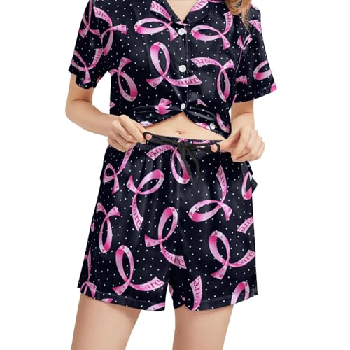 Image of Funny Pajamas for Women Set Print Satin Loungewear Pjs Short Sleeve Button Down Top and Shorts Sets Sleepwear XS-3XL