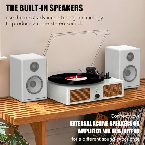 Image of Vinyl Record Player with Built-in Speakers and USB,Belt-Driven Bluetooth Turntable with 3 Speed AUX Input Headphone Jack and RCA Output Vintage Wooden White