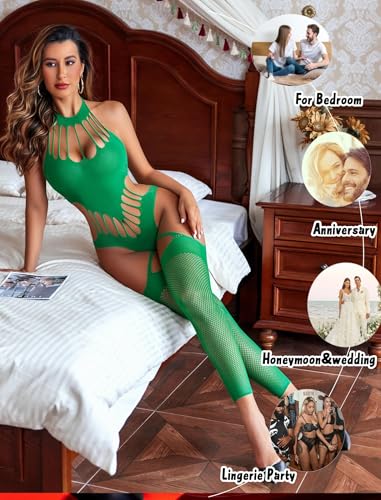 Image of GirlFriend Hot Women's Lingerie Set - Lace Babydoll Outfits 1 Piece Fishnet Bodysuit with attached Mini Skirt with Stockings Babydoll