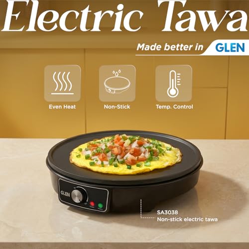 Image of Glen Electric Tawa 1000W | 30cm Non-Stick Griddle | Adjustable Temperature Control | Ideal for Roti, Dosa, Pancake, Chilla, Uttapam, Omelette & more | Power Indicator | Black | 2 Year Warranty