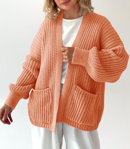 Saodimallsu Womens Oversized Open Front Cardigan Chunky Ribbed Knit Lantern Sleeve Fall Sweater Coats with Pockets Orange - image 2