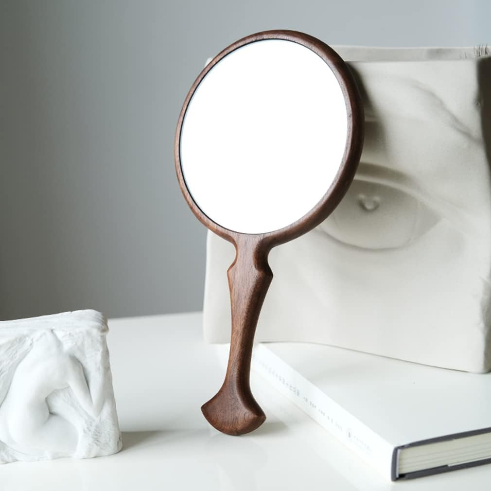 GMZ&KEHC Handheld Mirror Wood, Makeup Hand Mirror - Wooden Vintage Portable Compact Vanity Small Hanging Mirrors with Handle for Women Travel Bathroom, Tabletop,Brown