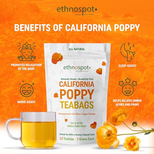 California Poppy Tea - Pure California Poppy Teabags - 100% Natural Herbal Tea For Relaxation Sleep Stress Relief & Calming Nervous System - 2 Gram Teabags - 32 Vegan Teabags - Image 3