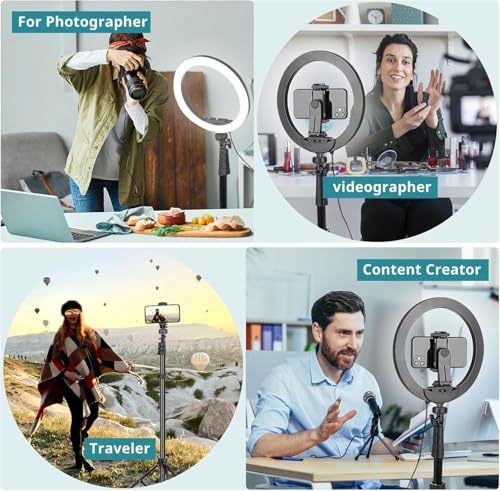 WUZHI Anel de luz de 25 cm com suporte e suporte de telefone, anel de selfie ajustável de 360° com t