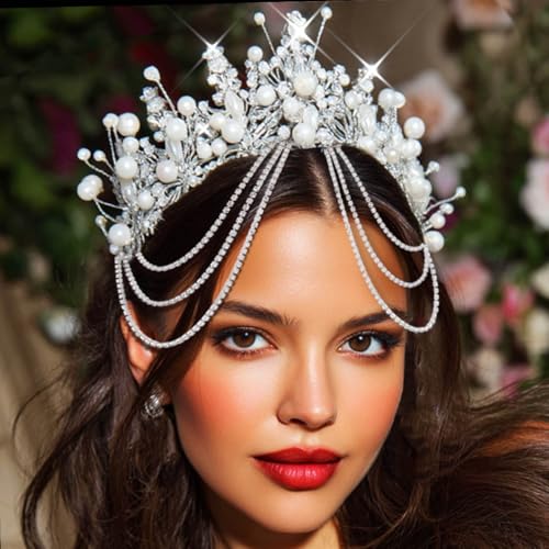 Kilshye Pearl Wedding Tiara Silver Rhinestone Bridal Crown Prom Hair Accessories for Women