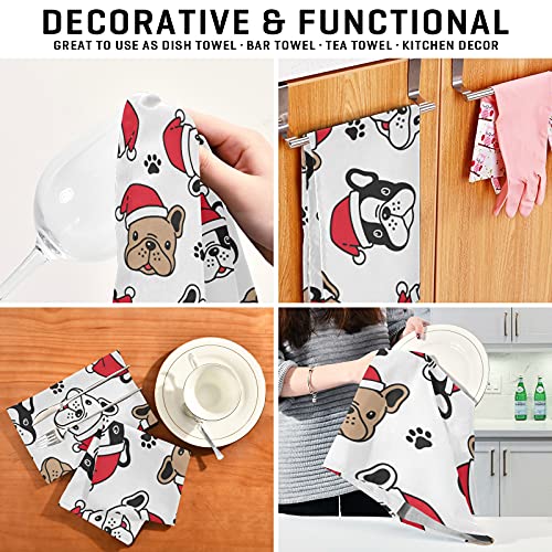 Nander French Bulldog Paw Santa Claus Hat Kitchen Dish Towel 4Pcs,Dish Cloths Resuable Absorbent Comfortable Bar Towels Tea Napkins For Drying,Cleaning,Cooking,& Baking #TOP6