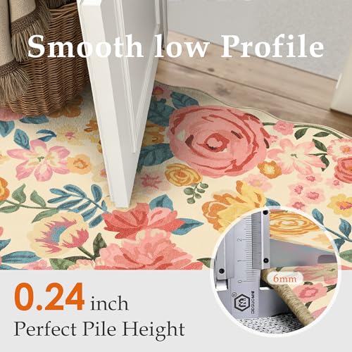 Tapete Floral Lavable 5x7 Beige Suave Antideslizante Bajo Pelaje miniatura 3