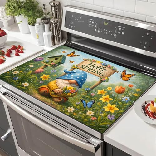 Image of HOMETITUTE Spring Gnome Stove Top Covers for Electric Stove 28x20 Inches Heat Resistant Glass Cooktop Protector Pad Decorative Stovetop Cover Dish Drying Mats for Kitchen Countertop Coffee Bar Decor