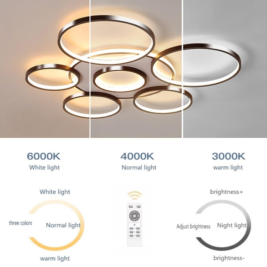 LED Deckenleuchte 7-Ring Design 106W, Braun – Dimmbar, 3000-6500K, Für Wohnzimmer, Esszimmer, Schlafzimmer