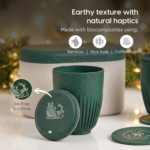 Image of Eha Earth-Friendly Christmas Gifts for Friends and Family | Secret Santa Gifts | Made with Rice Husk | Printed Christmas Mug and Coasters Set of 2, Keychain & Loopac Box | 360 ml | Fern