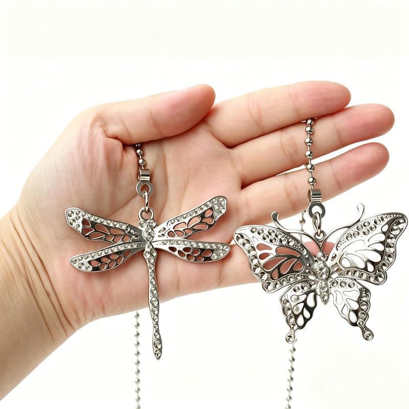 Image of 2Pcs Dragonfly and Butterfly Ceiling Fan Pull Chain, 14inch Fan Light Extender Pendant Ornaments Extension,Nickel Pull Chain