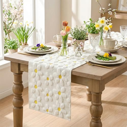 Artoid Mode White Soft Plush Faux Fur Jacquard Embroidery Daisy Spring Table Runner, Kitchen Dining Table Decoration for Home Party Decor 13x72 Inch Artoid Mode White Soft Plush Faux Fur Jacquard Embroidery Daisy Spring Table Runner, Kitchen Dining Table Decoration for Home Party Decor 13x72 Inch - Image 5