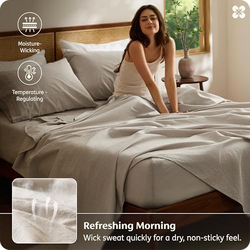 Image of Bedsure PureWoven Linen Sheets Queen Size, Cotton Linen Blend Sheets, 4PCS