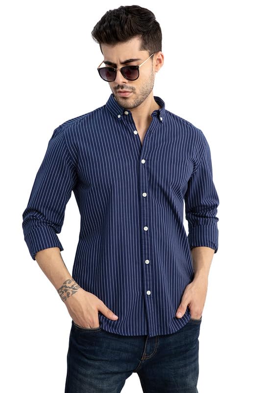 Image of SNITCH Lining Navy Spread Collar Stripe Slim Fit Shirt