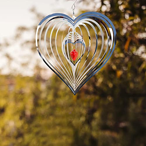 FUFRE 3D Wind Spinner de acero inoxidable, con forma de corazón 3D, móvil de viento, decoración cinética, para interior exterior, timbre de viento con gancho (20 cm), diseño de corazón rojo