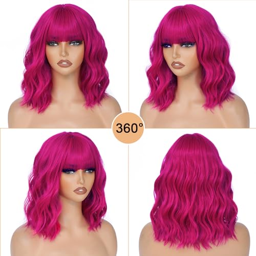 Image of AGO Rose Purple Wavy Wigs with Bangs Pastel Bob Wig Shoulder Length Synthetic Hair for Girl Heat Resistant Fiber Wig for Daily Party Halloween Cosplay Use(405 /T2356#RosePurple)